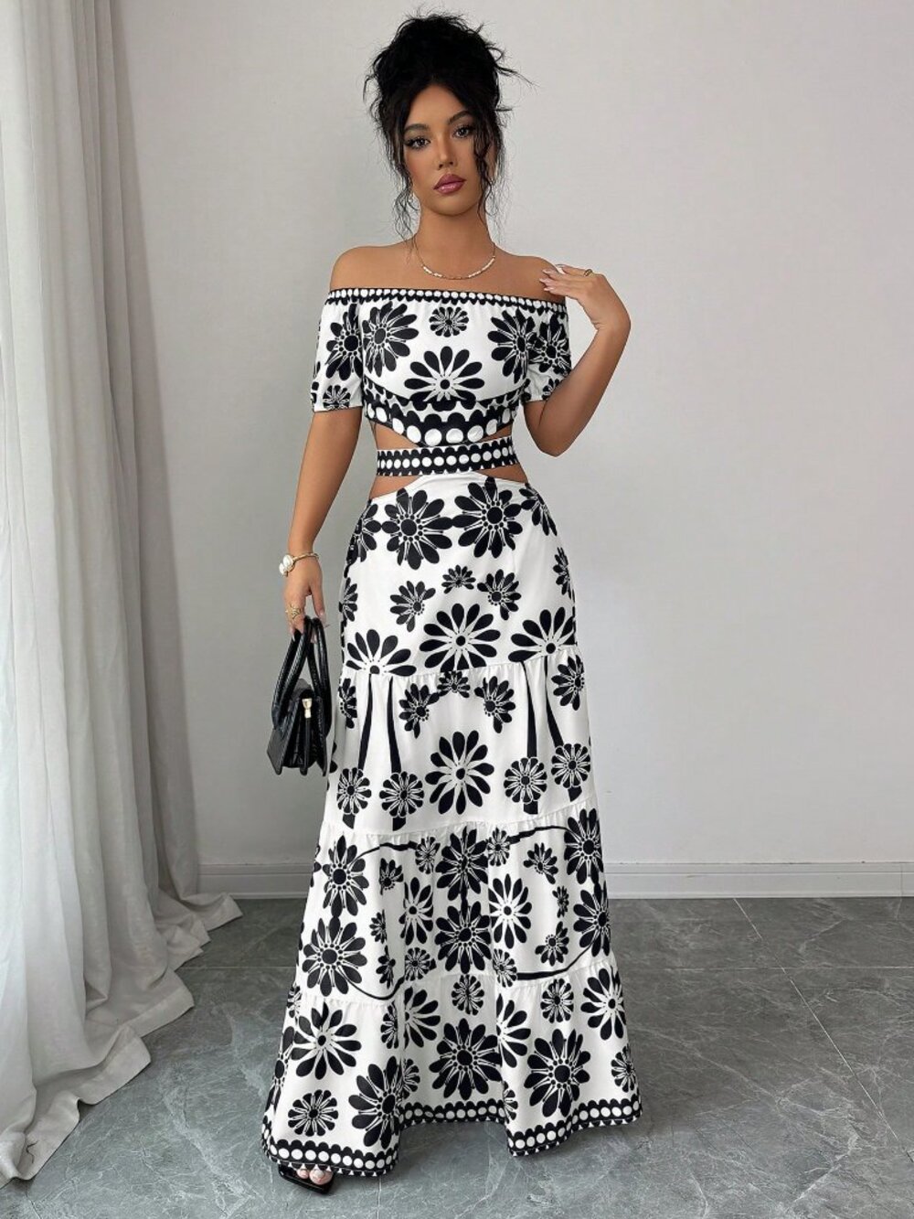 Boho Women's Floral Print Off-Shoulder short Sleeve Hollow Waist maxi Dress - Picture 5 of 6